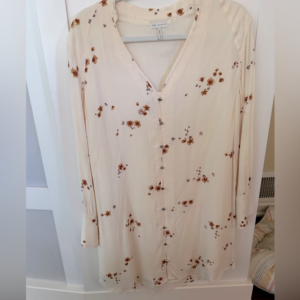 Women’s shirt dress, long sleeve, lined, cream.
